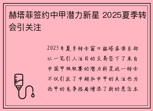 赫塔菲签约中甲潜力新星 2025夏季转会引关注