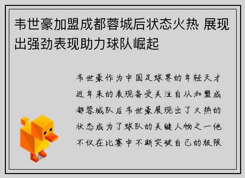 韦世豪加盟成都蓉城后状态火热 展现出强劲表现助力球队崛起